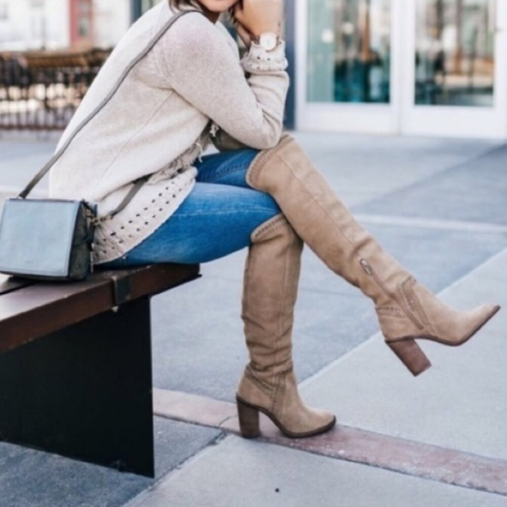 Vince Camuto Madolee tan suede over the knee heeled boots 8.5 - Picture 2 of 16
